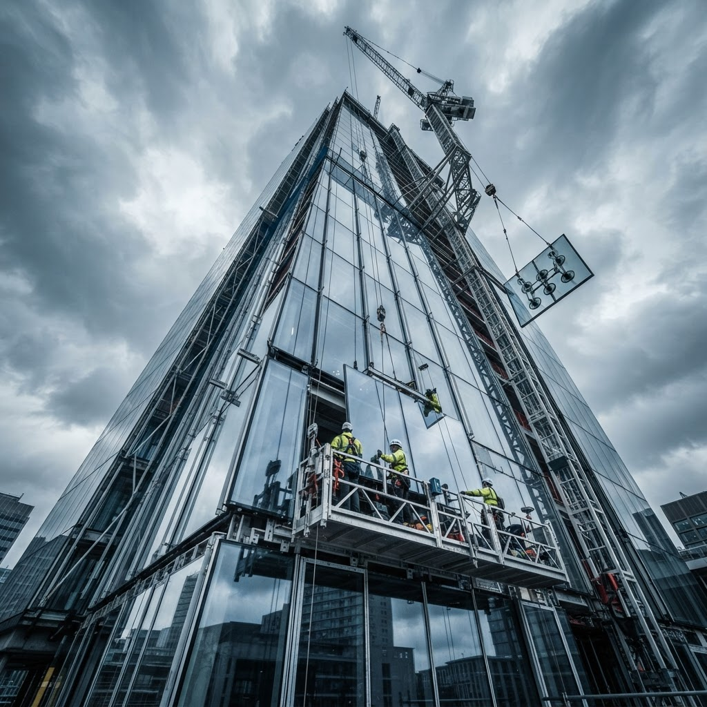 A MetalCraft & Glass crew installing a glass curtain wall panel at height